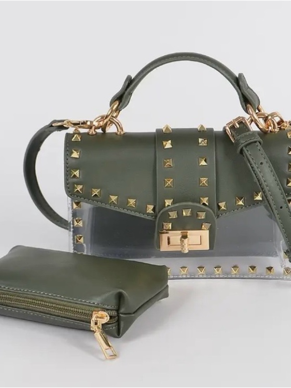 Olive Green Stud-Trim Clear Base Crossbody Bag with Coin Pouch